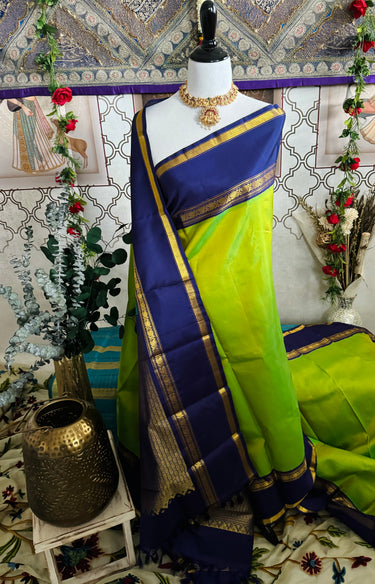 Kanchipuram Pure Silk Pure Zari Korvai Saree | Purple & Chartreuse | Contrast Border | Handwoven | Ships from California
